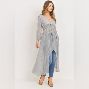Striped Duster Kimono With Smocked Waist